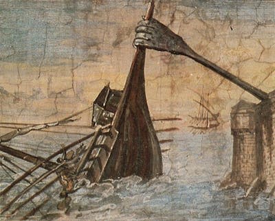 Detalle de una pintura mural de la Garra de Arquímedes hundiendo un barco. <a href="https://commons.wikimedia.org/wiki/File:Parigi_griffe.jpg" rel="nofollow noopener" target="_blank" data-ylk="slk:Uffici Gallery;elm:context_link;itc:0;sec:content-canvas" class="link ">Uffici Gallery</a>