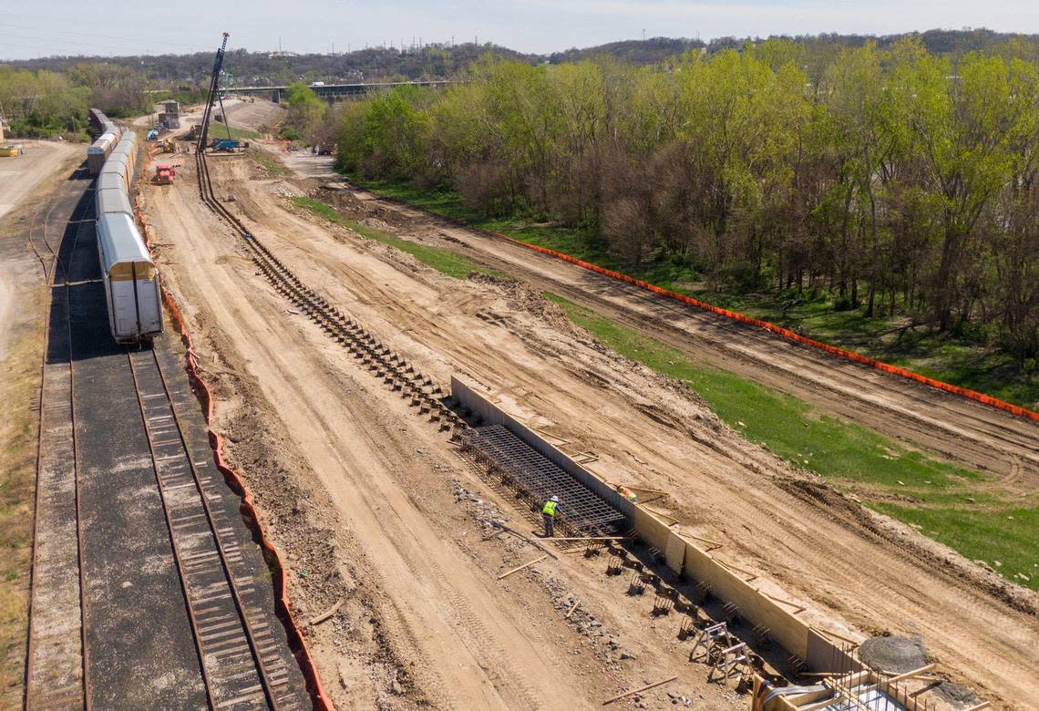 A concrete floodwall is under construction near the Armourdale Levee in Kansas City, Kansas. Levees are being raised an average of five feet.
