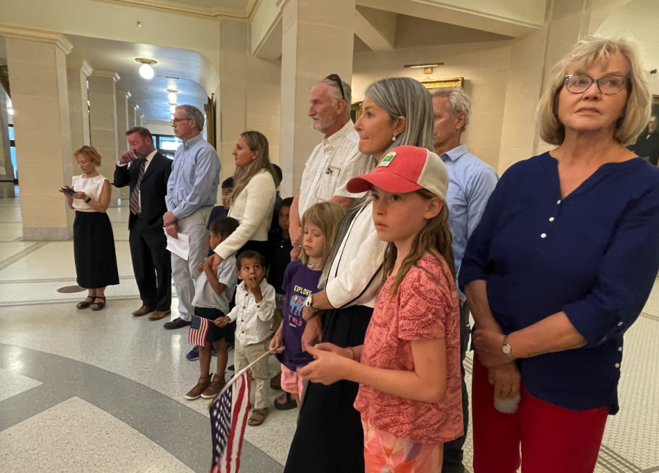  Supporters of the anti-gerrymandering lawsuit and their children listen during a press conference celebrating the Utah Supreme Court’s ruling at the Utah Capitol in Salt Lake City on July 11, 2024. (Katie McKellar / Utah News Dispatch)