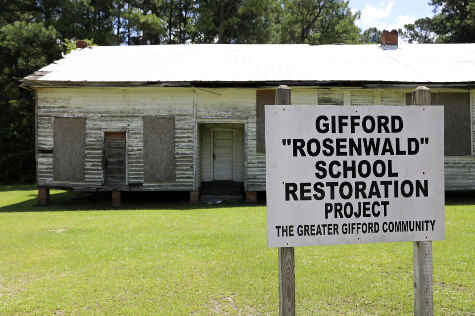 An old Rosenwald School in Gifford, S.C., is shown on Tuesday, July 11, 2023. Jewish businessman Julius Rosenwald donated money to help build 5,000 schools for Black students across the American South a century ago. (AP Photo/Jeffrey Collins)