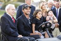 <p>(L-R) Arnold Palmer, Jason Day of Australia, Dash Day, Ellie Day and Lucy Day sit for a photo following Day’s one stroke victory on the 18th hole green during the final round of the Arnold Palmer Invitational presented by MasterCard at Bay Hill Club and Lodge on March 20, 2016 in Orlando, Florida. (Photo by Cy Cyr/PGA TOUR) </p>