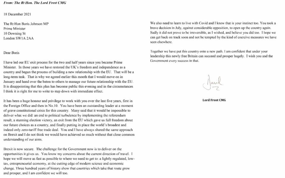 Lord Frost's letter of resignation to Boris Johnson 