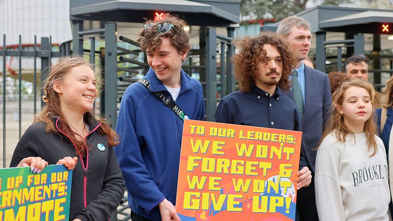 Greta Thunberg joined youths from Portugal during a demonstration outside the European Court of Human Rights in Strasbourg this morning, 9 April 2024.