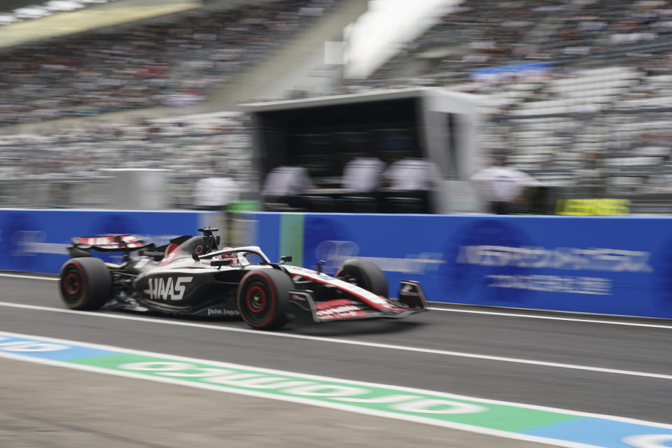 Haas driver Kevin Magnussen of Denmark steers his car during the second practice ahead of the Japanese Formula One Grand Prix at the Suzuka Circuit, Suzuka, central Japan, Friday, Sept. 22, 2023. (AP Photo/Toru Hanai)