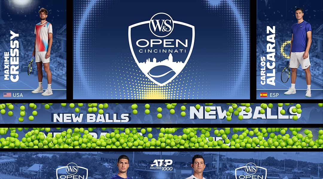  Digital content from Daktronics shows two players and tennis balls at the Western & Southern Open,. 