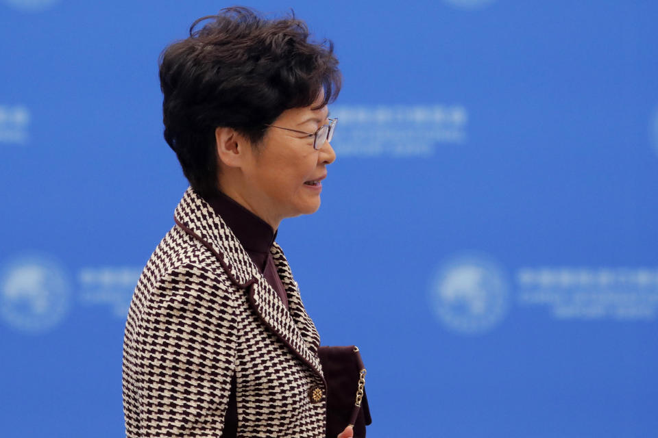 Hong Kong Chief Executive Carrie Lam arrives for the second Hongqiao International Economic Forum of the 2nd China International Import Expo at the National Exhibition and Convention Center in Shanghai, China, Tuesday, Nov. 5, 2019. (Wu Hong/Pool Photo via AP)