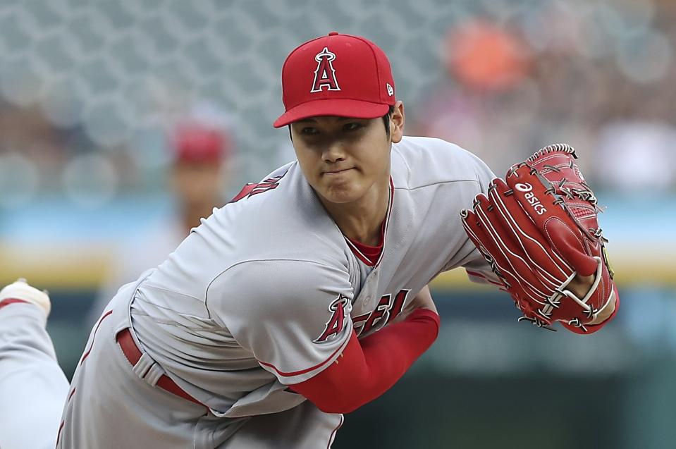 Los Angeles Angels starting pitcher Shohei Ohtani throws during the second inning of a baseball game against the Detroit Tigers, Wednesday, May 30, 2018, in Detroit. (AP Photo/Carlos Osorio)