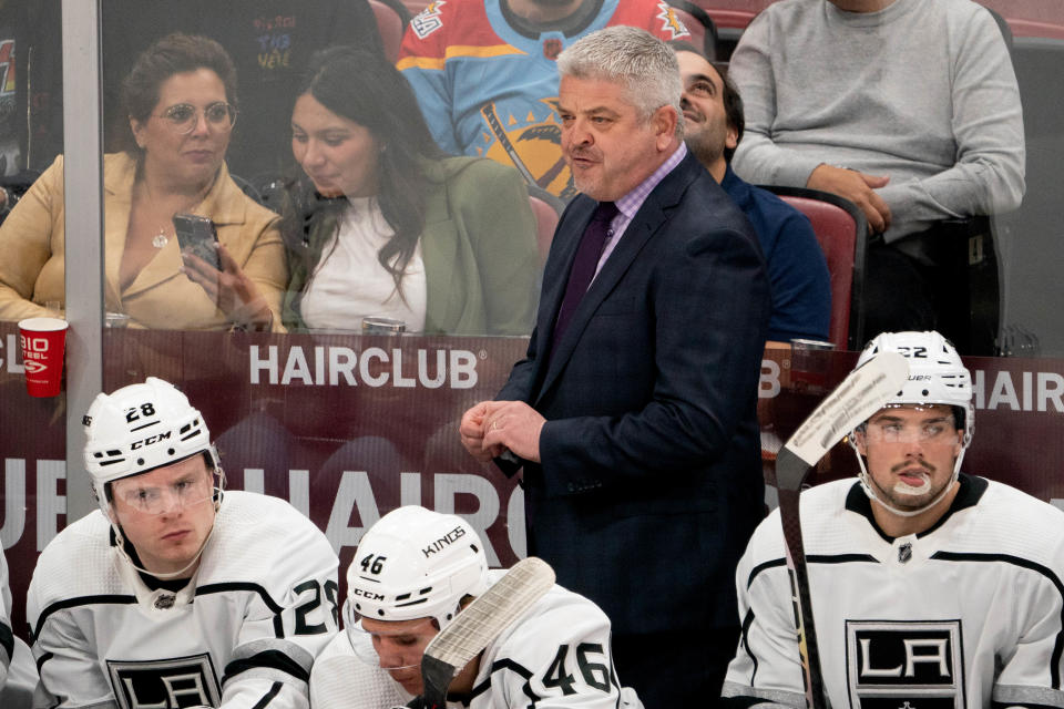 Jan 27, 2023; Sunrise, Florida, USA; Los Angeles Kings head coach Todd McLellan looks on during the second period against the Florida Panthers at FLA Live Arena. Mandatory Credit: Jason Mowry-USA TODAY Sports