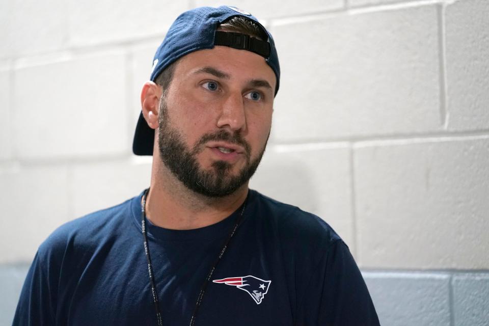 New England Patriots tight ends coach Nick Caley talks to reporters, Monday, Aug. 29, 2022, at the team's stadium, in Foxborough, Mass.
