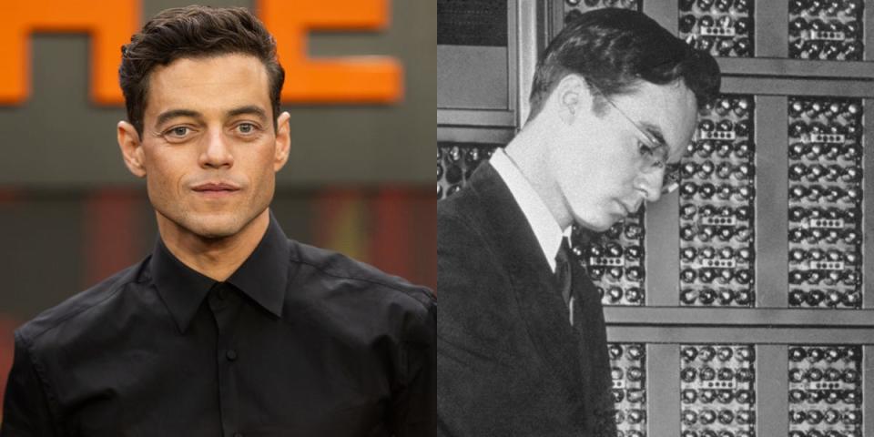 Side by side of Rami Malek next to a photo of Dr. David Hill, an associate professor of physics at Vanderbilt University in a 1949 photo.