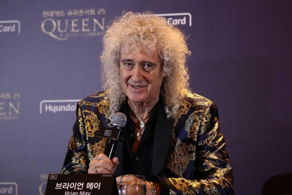 Queen band member Brian May attends a press conference ahead of the Rhapsody Tour at a hotel in Seoul (POOL/AFP via Getty Images)