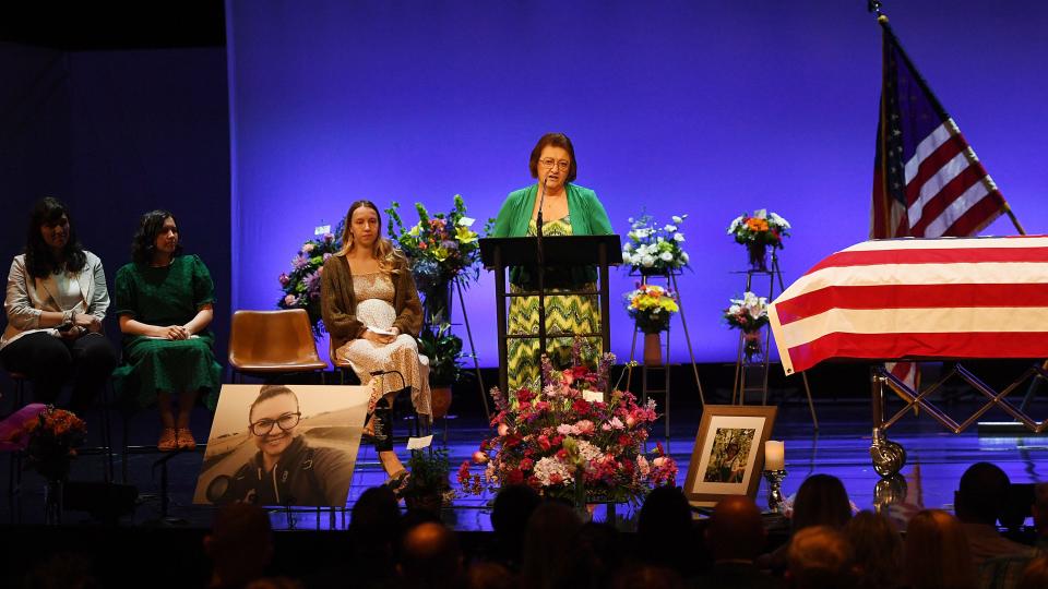 Nancy Vance, the aunt of Eden Montang, speaks at a funeral service for Eden Montang at Cornerstone Church in Ames on June 8.