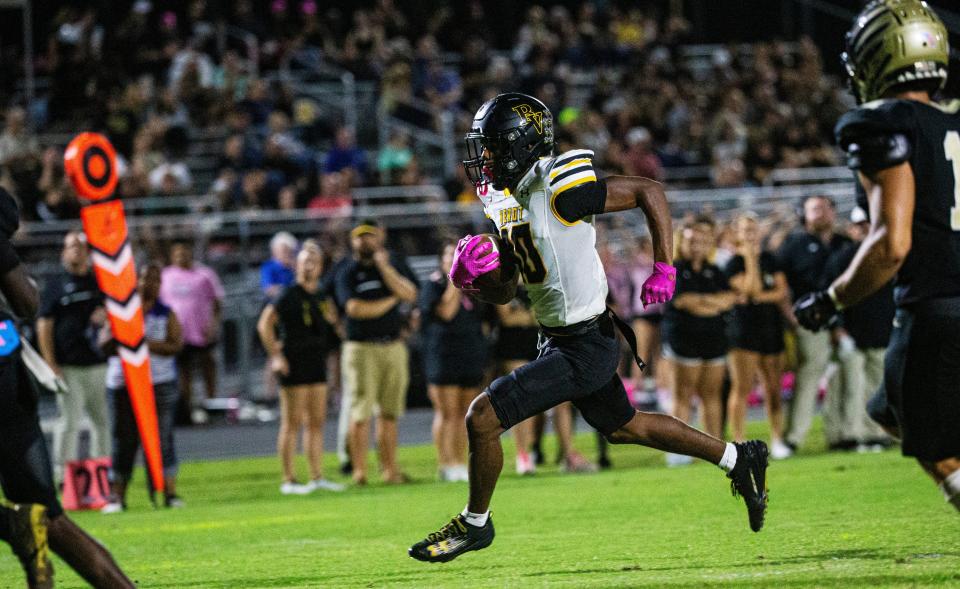 Leroy Roker of the Bishop Verot football team runs for touchdown against Gateway at Gateway on Thursday, Oct. 12, 2023. Bishop Verot won 57-0.