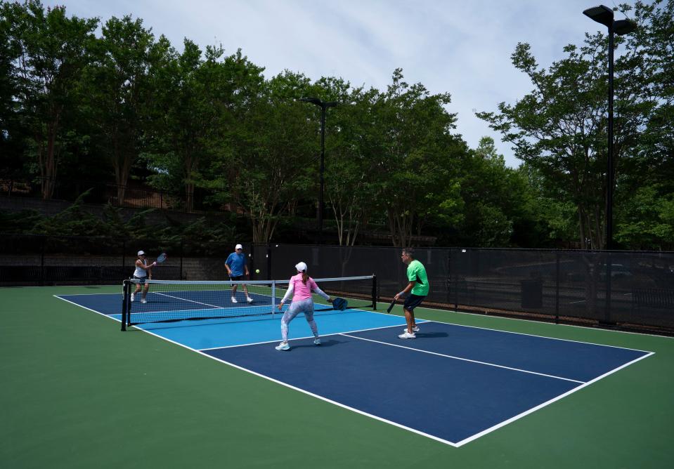 Pickleball players get a game in at Del Webb Sports Complex in Mt. Juliet, Tenn., Wednesday, June 12, 2024. Del Webb at Lake Providence will hold a pickleball party to benefit the Alzheimer Association’s Tennessee chapter on June 20.