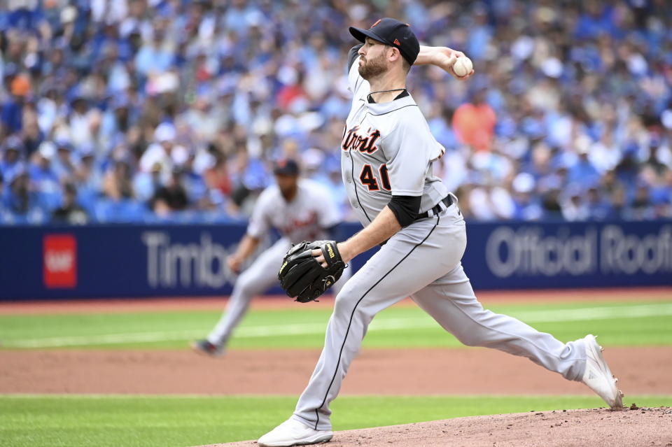 Detroit Tigers starting pitcher Drew Hutchison throws to a Toronto Blue Jays batter in the first inning of a baseball game in Toronto, Saturday, July 30, 2022. (Jon Blacker/The Canadian Press via AP)