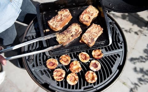 peaches grilling on direct heat - Credit: Jennifer Burcke-Nott