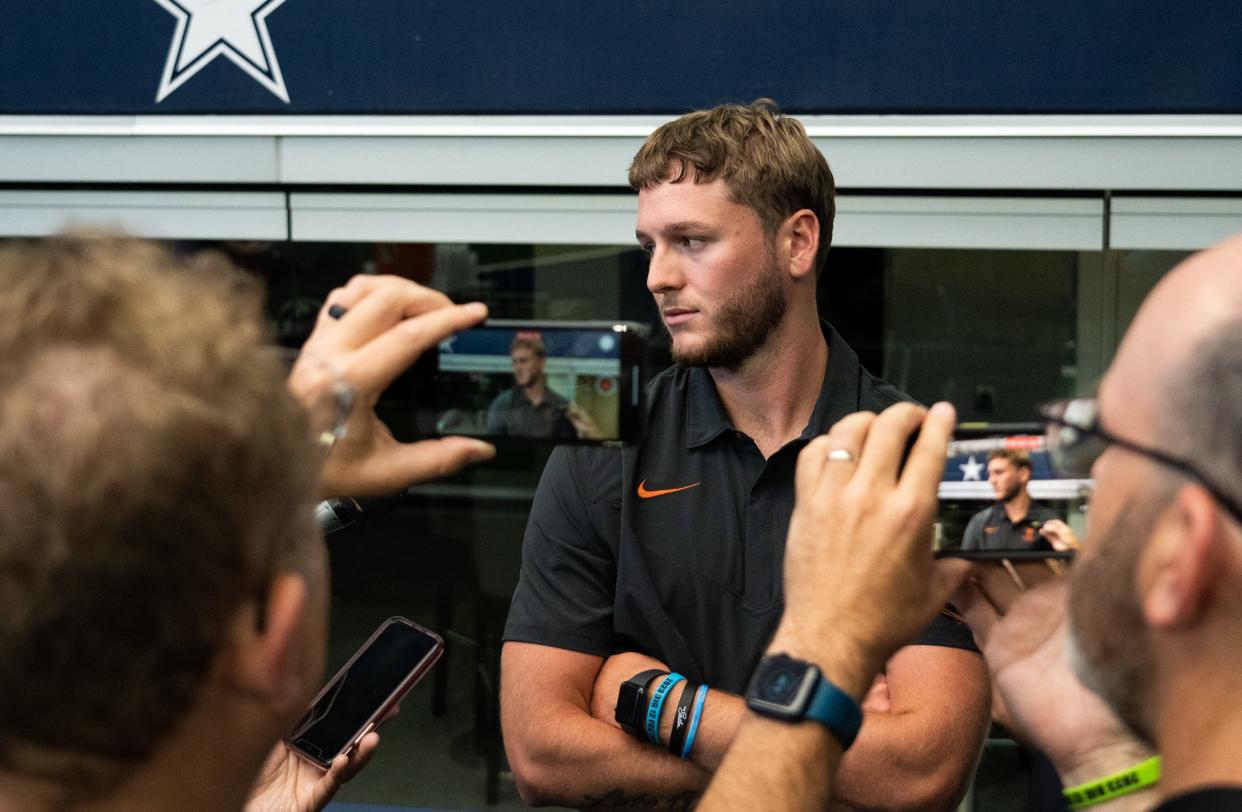 University of Texas quarterback Quinn Ewers speaks to the press during the first day of Big 12 Media Days in AT&T Stadium in Arlington, Texas, July 12, 2023. 