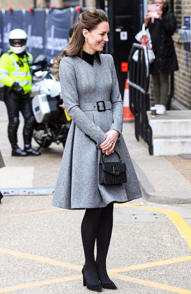 Kate Middleton Looks Elegant in a Flowy Gray Dress, Black Tights and  Walkable Heels While Supporting Sustainability Programs