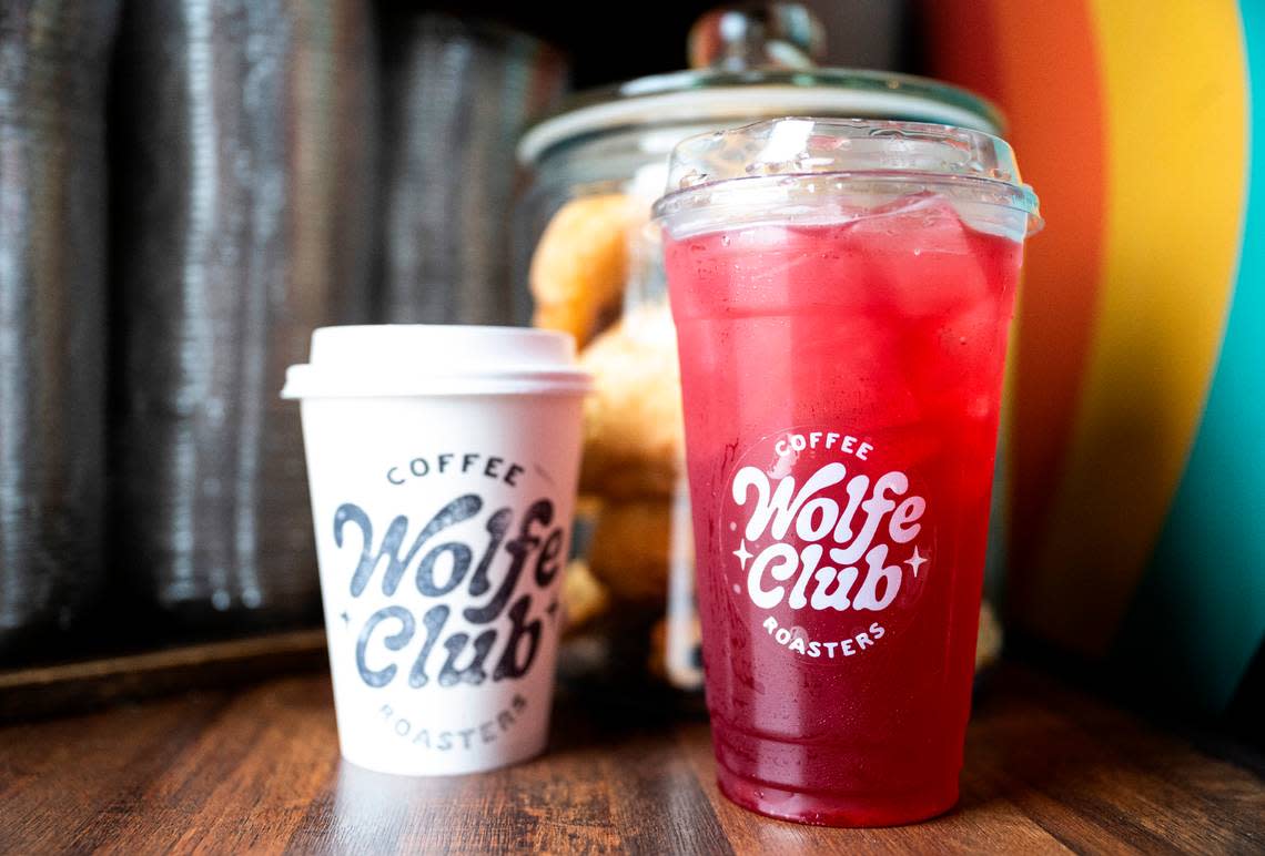 Wolfe Club Coffee Roasters makes its signature syrups in-house and brews its own carbonated energy drink called Prayers, here in its Halloween-themed Boo Berry edition.