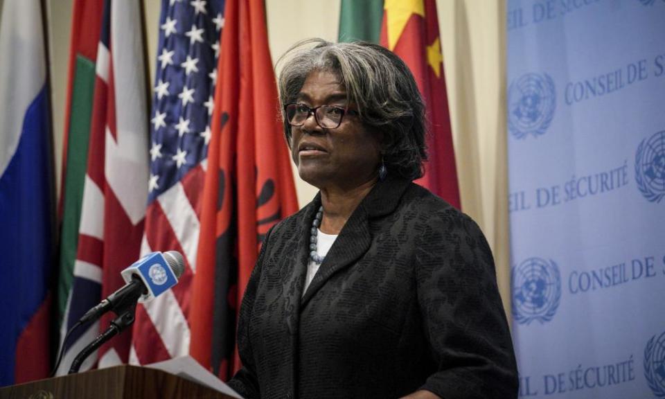 Linda Thomas-Greenfield speaks during a press conference after a UN security council meeting.