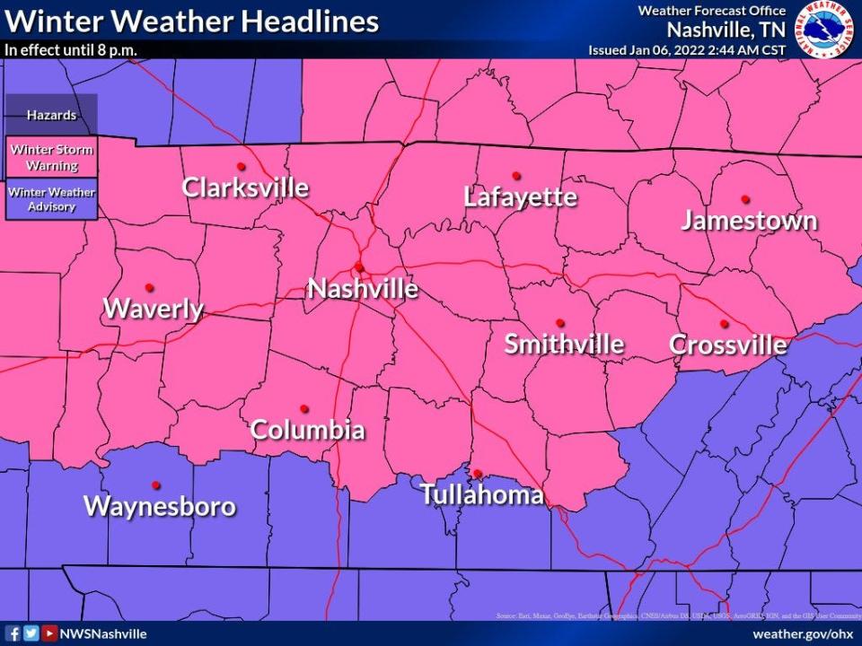 Most of Middle Tennessee is under a winter storm warning until 8 p.m.