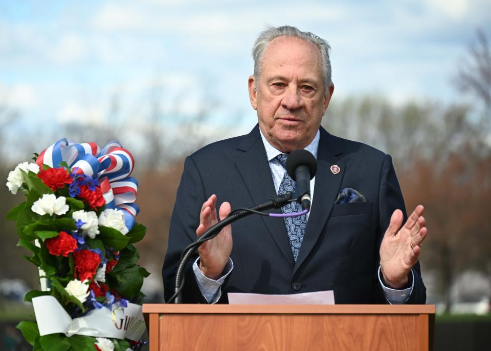 Jan Scruggs addresses the crowd at the 40th anniversary of the Vietnam Veterans Memorial on March 26.