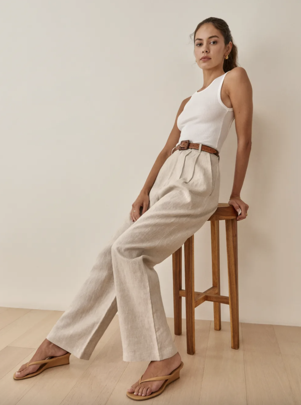 White tank top and beige Reformation Vesta Pant (picture from Reformation)