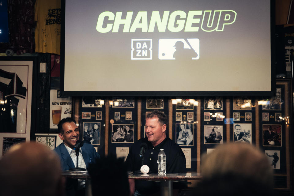 Adnan Virk, host of "ChangeUp" on DAZN, with Roger Clemens at Foley's Pub in New York City on March 26, 2019. (Amanda Westcott/DAZN)