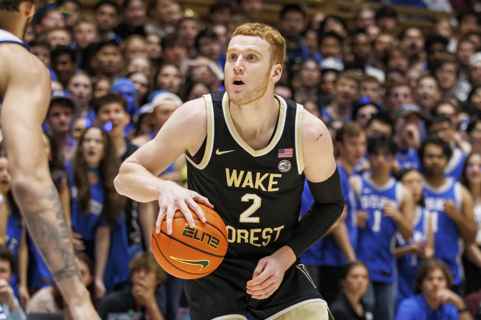 FILE - Wake Forest's Cameron Hildreth (2) handles the ball during an NCAA college basketball game in Durham, N.C., Jan. 31, 2023. The Wake Forest Demon Deacons are trying to return to the NCAA Tournament for the first time since 2017. (AP Photo/Ben McKeown, File)
