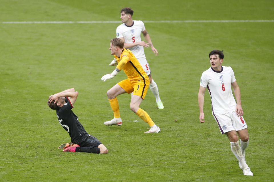 Germany's Thomas Mueller reacts after he failed to score during the Euro 2020 soccer championship round of 16 match between England and Germany, at Wembley stadium, in London, Tuesday, June 29, 2021. England won 2-0. (Matthew Childs/Pool via AP)