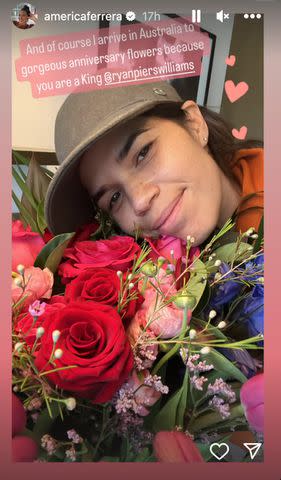 <p>America Ferrera/instagram</p> America Ferrera and her wedding anniversary flowers on June 27, 2023.