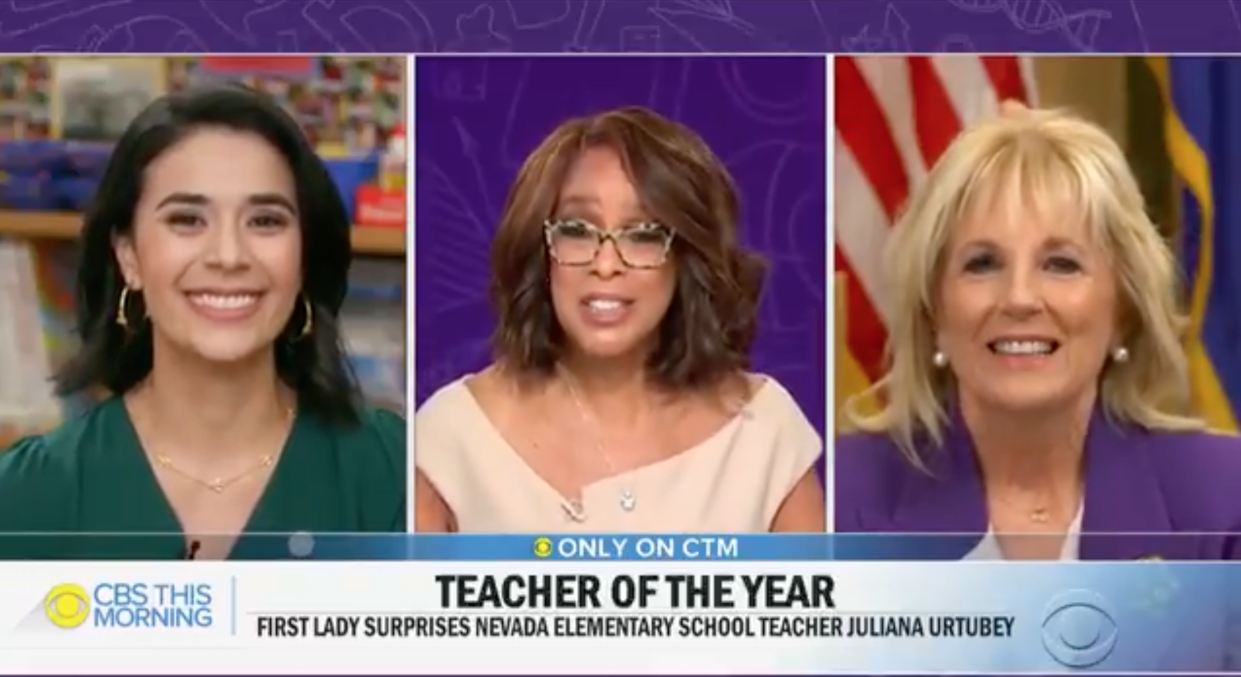 <p>First Lady Jill Biden surprised the winner of the National Teacher of the Year award 2021 with a bouquet of flowers in her classroom</p> (CBS/This Morning)