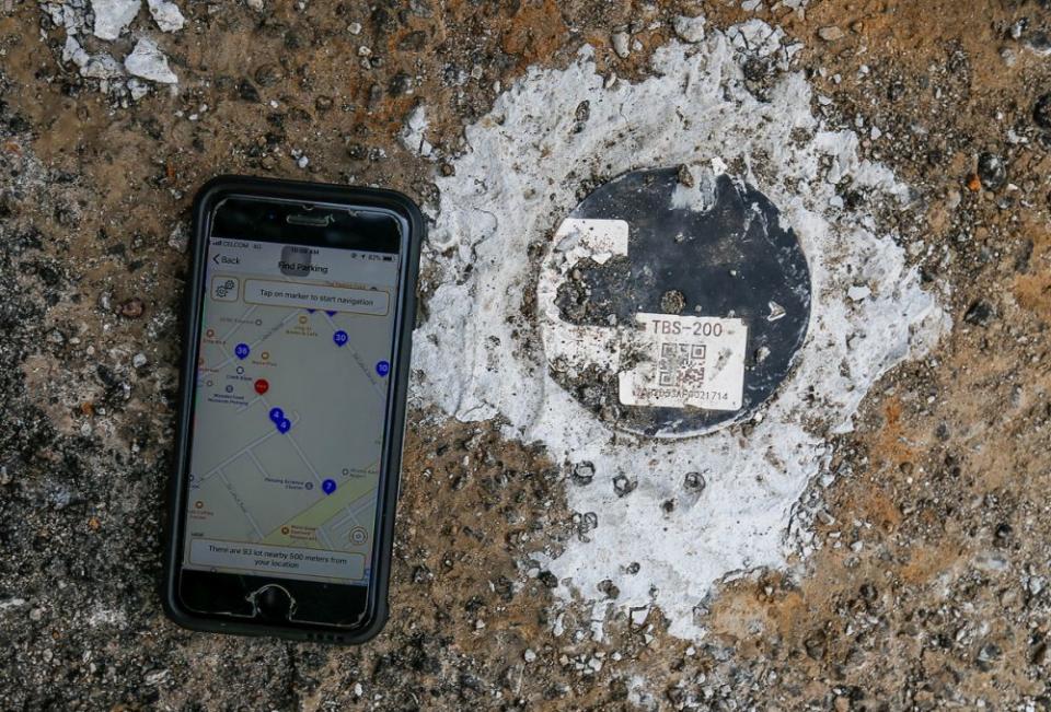 A Penang Smart Parking system marker is seen on Gat Lebuh China, George Town August 20, 2019. — Picture by Sayuti Zainudin