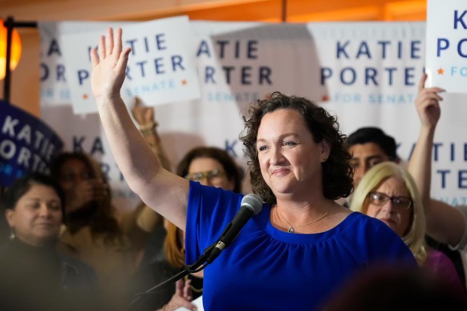 Rep. Katie Porter, D-Calif., waves at supporters at an election night party, Tuesday, March 5, 2024, in Long Beach, Calif. Porter built a social media reputation by wielding a white board at congressional hearings, and that helped propelled her campaign for the Senate. But on Super Tuesday, the numbers didn't add up for her in the primary and she'll be out of a job in Washington come January.