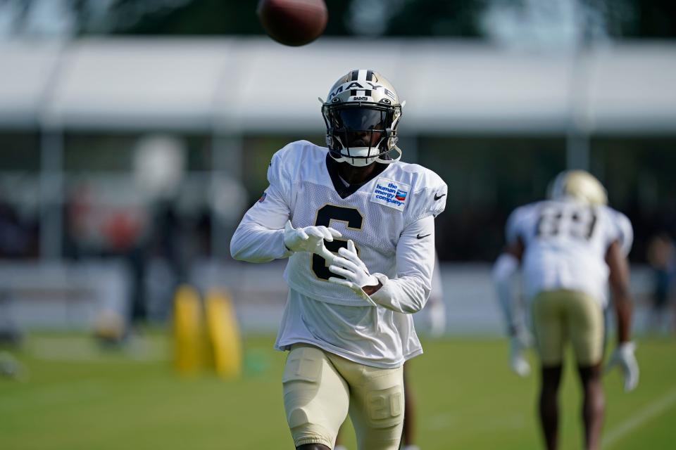 New Orleans Saints safety Marcus Maye runs through drills during training camp last month.