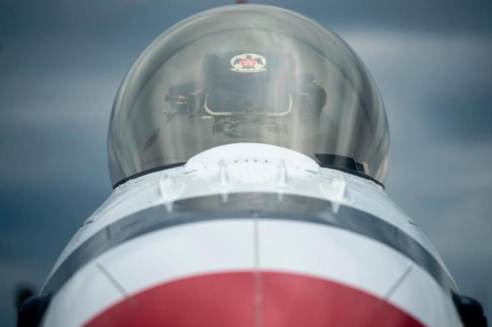 A Thunderbird F-16 aircraft is parked at the Combat Readiness Training Center at Gulfport International Airport. The Thunderbirds return to Biloxi to perform for the crowds April 29-30.