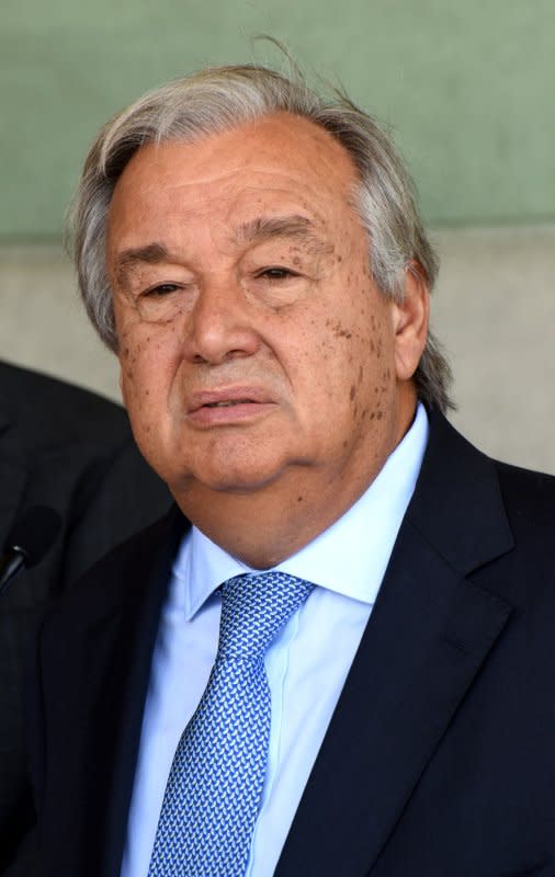 U.N. Secretary-General Antonio Guterres speaks outside the Children's Museum at the Yad Vashem Holocaust Museum in Jerusalem, Israel, August 28, 2017. On January 1, 2017, Guterres succeeded Ban Ki-moon of South Korea as secretary-general of the United Nations. File Photo by Debbie Hill/UPI