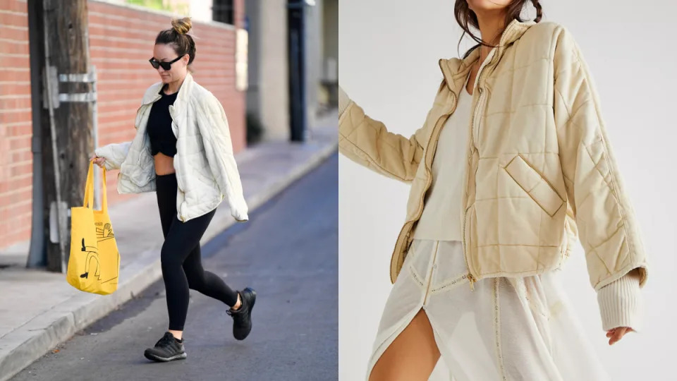 olivia wilde wearing black leggings, black sneakers, black crop top and white free people jacket, Olivia Wilde in Free People's Dolman Quilted Knit Jacket (Photos via Getty & Free People)