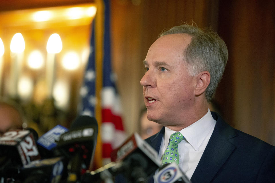 FILE - Speaker of the Wisconsin State Assembly Robin Vos speaks during a press conference after Gov. Tony Evers delivered his state budget address at the Wisconsin State Capitol in Madison, Wis., Wednesday, Feb. 15, 2023. There should be no effort to impeach a liberal Wisconsin Supreme Court justice based on what is known now, a former justice advised the Republican legislative leader who asked him to review the issue. That is what former Justice David Prosser advised Vos on Friday, Oct. 6, in an email. ( Samantha Madar/Wisconsin State Journal via AP, File)