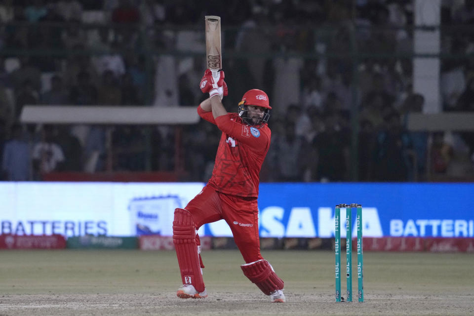 Islamabad United' Imad Wasim plays a shot during the final of Pakistan Super League T20 cricket match between Islamabad United and Multan Sultans, in Karachi, Pakistan, Monday March 18, 2024. (AP Photo/Fareed Khan)