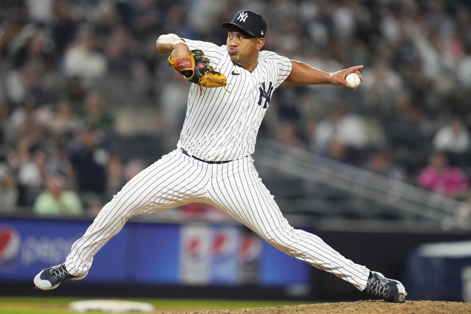 New York Yankees' Wandy Peralta pitches during the ninth inning of the team's baseball game against the Tampa Bay Rays on Friday, May 12, 2023, in New York. The Yankees won 6-5. (AP Photo/Frank Franklin II)