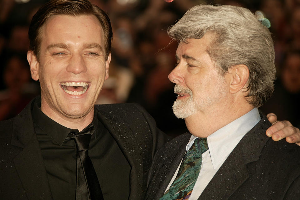 LONDON - MAY 16:  (UK TABLOID NEWSPAPERS OUT)  (L-R)  Actor Ewan McGregor and director George Lucas attend the UK Premiere of 