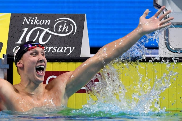 USA's Chase Kalisz celebrates after winning the men's 200m individual medley final, a victory that puts him in the footsteps of swimming great Michael Phelps, who won the 200m IM gold medal at four consecutive Olympic Games