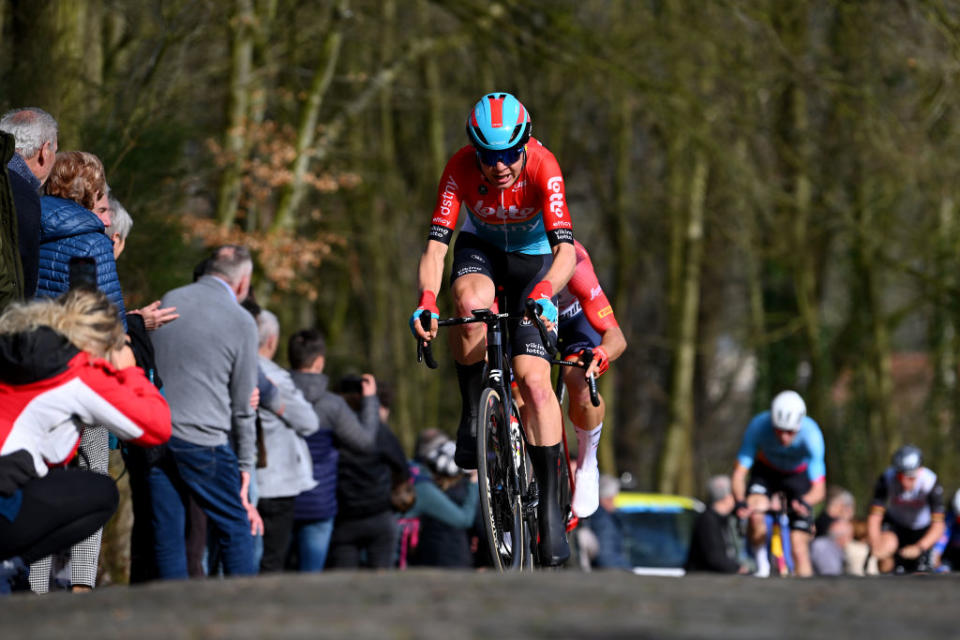 BREDENE BELGIUM  MARCH 17 Florian Vermeersch of Belgium and Team Lotto Dstny competes passing through a Kemmelberg cobblestones sector during the 21th Bredene Koksijde Classic 2023 a 1916km one day race from Bredene to Koksijde on March 17 2023 in Koksijde Belgium Photo by Luc ClaessenGetty Images