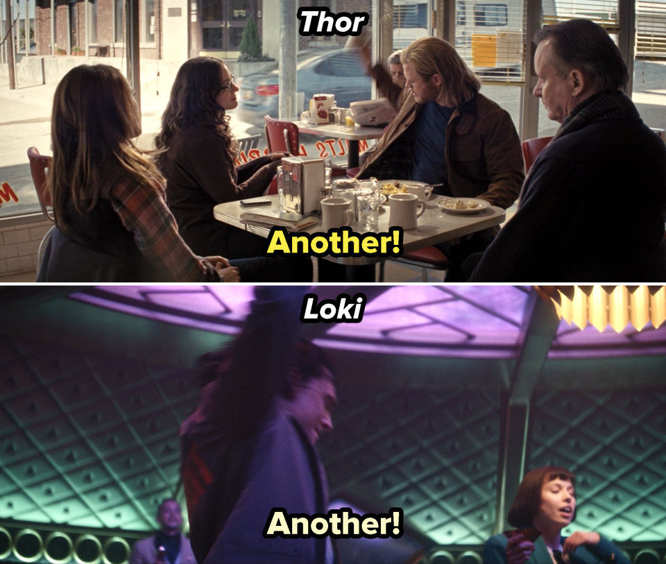 Thor and Loki yelling, "Another," as they smash their cups