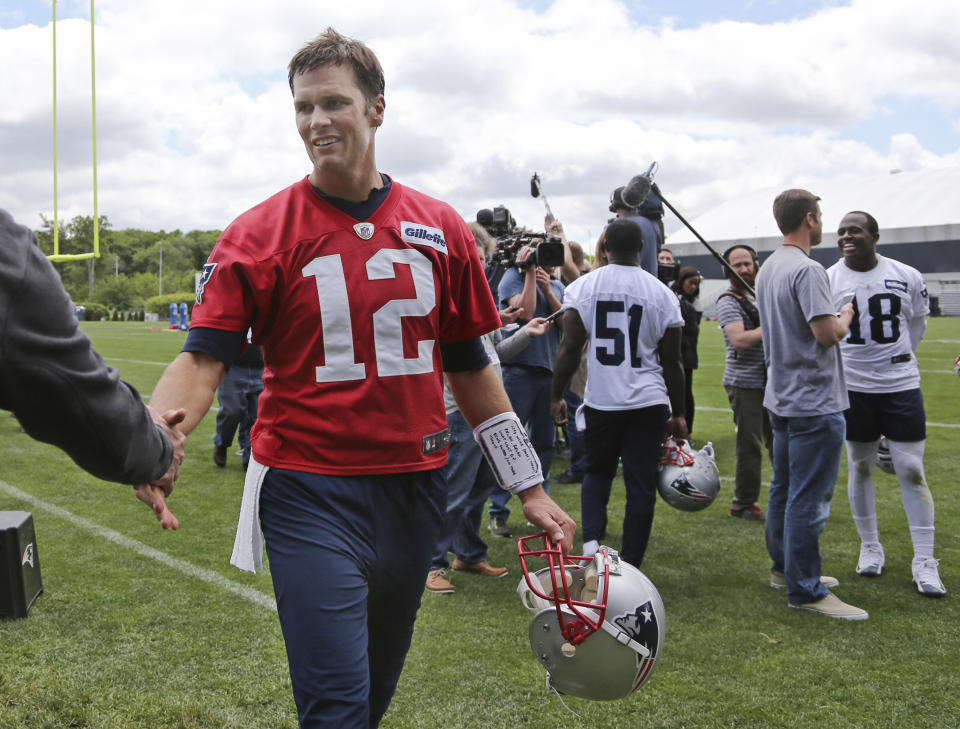 New England Patriots quarterback Tom Brady participates in NFL football minicamp practice Wednesday. (AP Photo)
