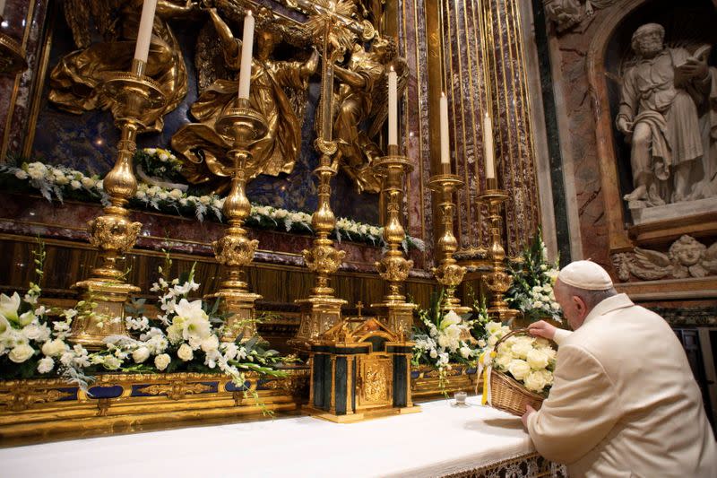 Pope Francis prays in front of the icon of Mary "Salus Populi Romani" (Salvation of the Roman People) at the Basilica of Santa Maria Maggiore, on the feast of the Immaculate Conception, in Rome