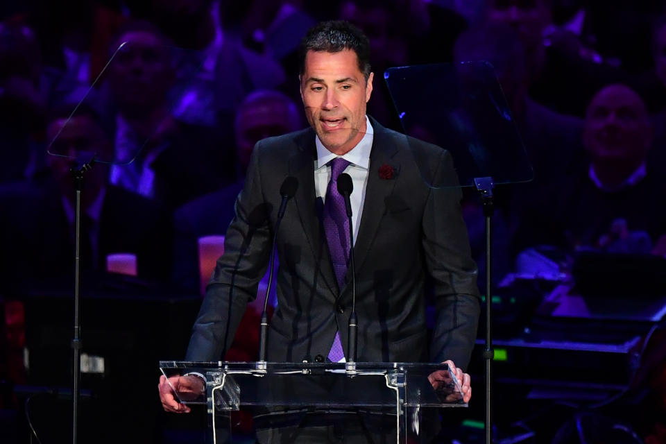 Lakers GM Rob Pelinka speaks during the "Celebration of Life for Kobe and Gianna Bryant" service at Staples Center in Downtown Los Angeles on February 24, 2020. (Photo by Frederic J. BROWN / AFP) (Photo by FREDERIC J. BROWN/AFP via Getty Images)