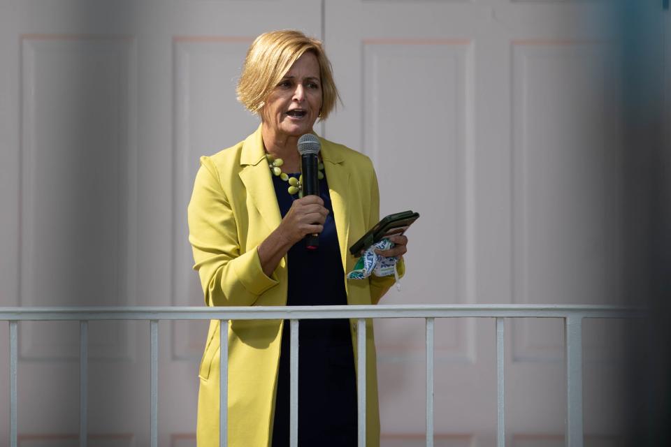 Florida Senate District 3 Candidate Lorraine Ausley speaks to a crowd in front of Bethel Missionary Baptist Church at an event featuring Jill Biden, wife of presidential candidate Joe Biden and the family of George Floyd Sunday, Nov. 1, 2020. 