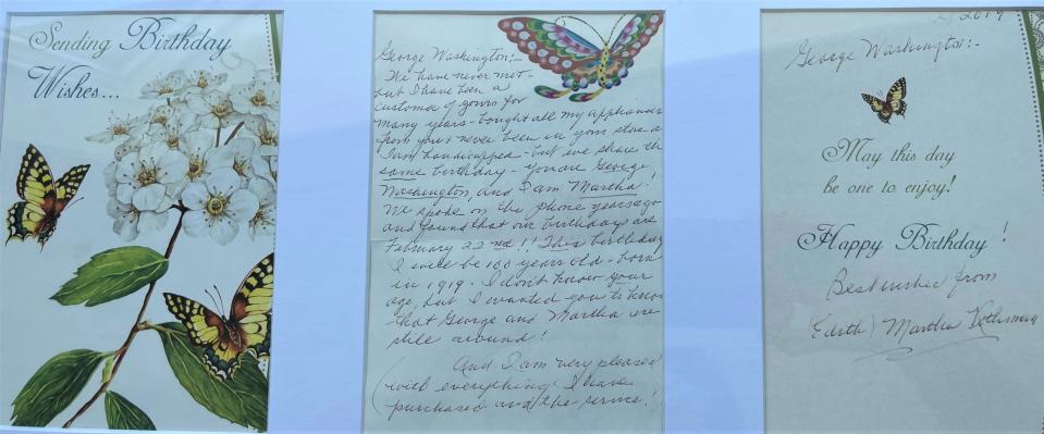 George Washington Toma kept this framed birthday card he received in 2019 on his 90th birthday on his kitchen wall. The late Edith Martha Rothman, of Milton, sent it to him. They shared Feb. 22 as their birthday, the same day that President George Washington was born. Rothman was 10 years older.